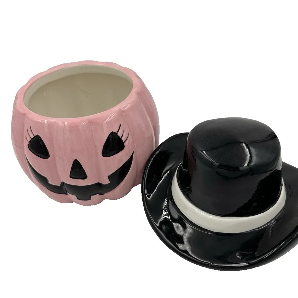 Pink Pumpkin Cowboy Hat Cookie Jar Ceramic Halloween Decor Pinkoween